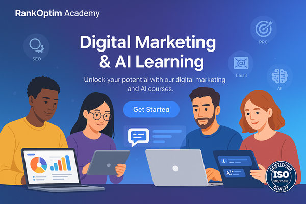 A modern, responsive hero section for a digital marketing and AI learning platform, RankOptim Academy, featuring diverse students using laptops and tablets, interacting with digital marketing dashboards, charts, and AI prompts. Include subtle icons representing SEO, social media, PPC, email marketing, and AI around the scene. A visible ISO 9001:2015 certification badge in the corner.
