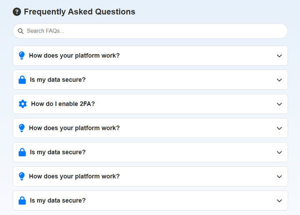 Interactive FAQ Accordion UI Component with Illustrated Icons for Websites