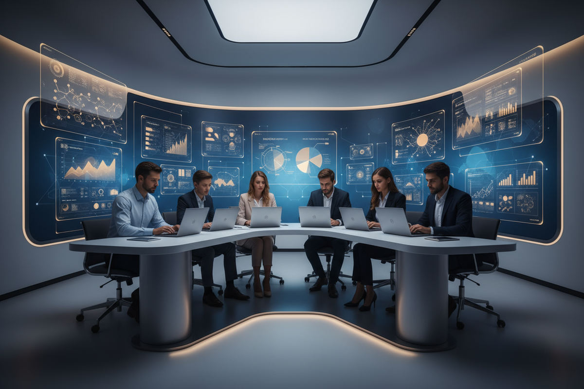 Create a premium square (1:1) image for RankOptim, an ISO 9001:2015 certified Digital Marketing Agency & Academy.

Show a modern digital workspace with a confident marketing team working on laptops, SEO analytics dashboards, ad campaign visuals, and creative strategy elements.

Integrate RankOptim branding subtly — use accents of Royal Blue (#0056FF) and Amber (#FFC107) in lighting, background gradient, charts, or UI elements (no text or logo).

Style: sleek, futuristic, minimal, and professional — represen