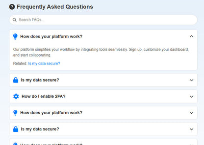 Interactive FAQ Accordion UI Component with Illustrated Icons for Websites - Responsive, Customizable, SEO-Friendly