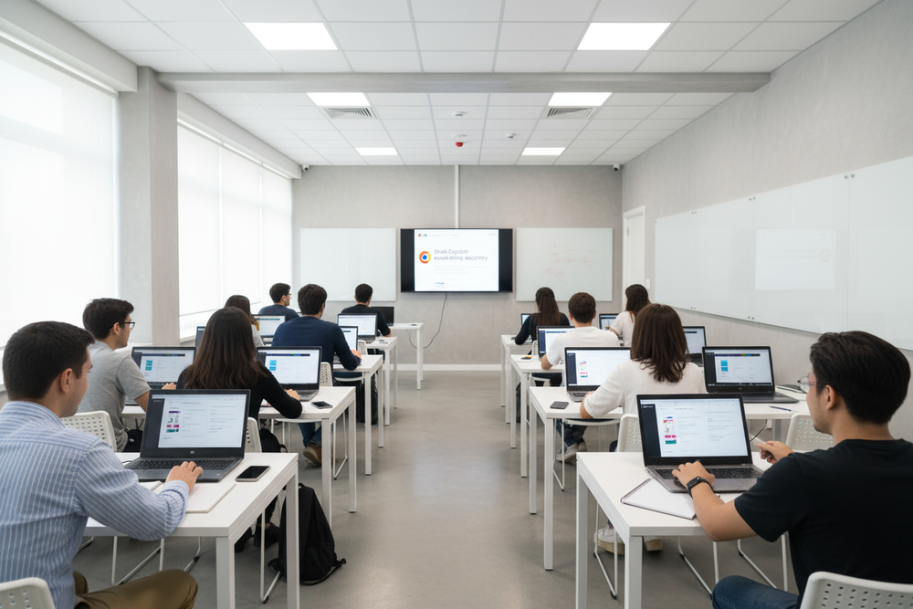 **Prompt:**
*Square image of students attending a digital marketing class at RankOptim Academy — modern classroom, laptops open, vibrant atmosphere, diverse young learners, bright lighting, clean minimal background.*
